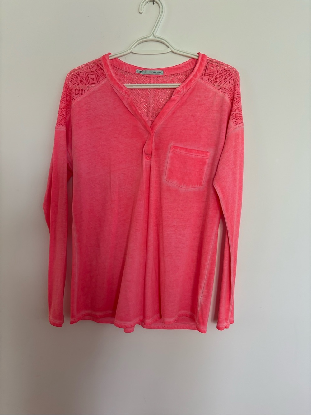 Maurices Bright Coral Lace-Trim Long Sleeve Henley